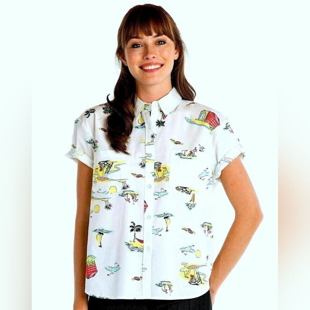 Fresh Produce Beachy Keen Oxford Camp Shirt Top Novelty Print Size M
